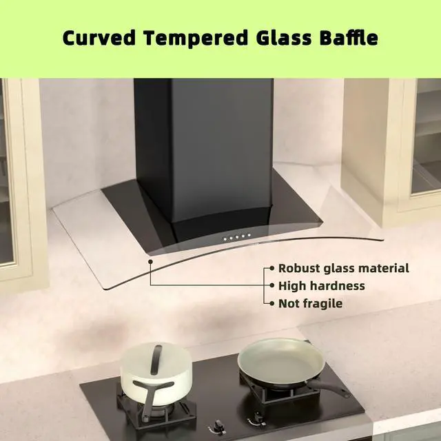 Alt view image 7 of 7 - Wall Mount Range Hood 30 inch with 3 Speed Fan,black range hood with tempered glass,400CFM,Push Button Controls, LED Lighting, Permanent Filters in Stainless Steel,includes 2 Charcoal Filters