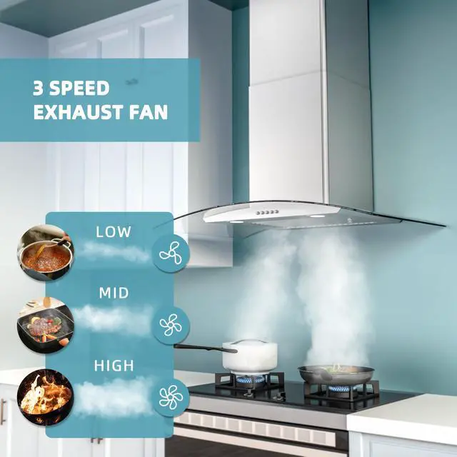 Alt view image 3 of 7 - Range Hood 30 Inch, Ducted/Ductless Convertible Wall Mount Range Hood with Tempered Glass, 3 Speed Fan, 400CFM, Button Control, LED Light, Stainless Steel Filters, include 2 Charcoal Filters