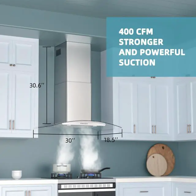 Alt view image 2 of 7 - Range Hood 30 Inch, Ducted/Ductless Convertible Wall Mount Range Hood with Tempered Glass, 3 Speed Fan, 400CFM, Button Control, LED Light, Stainless Steel Filters, include 2 Charcoal Filters