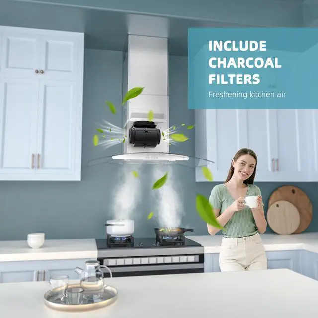 Alt view image 6 of 7 - Range Hood 30 Inch, Ducted/Ductless Convertible Wall Mount Range Hood with Tempered Glass, 3 Speed Fan, 400CFM, Button Control, LED Light, Stainless Steel Filters, include 2 Charcoal Filters