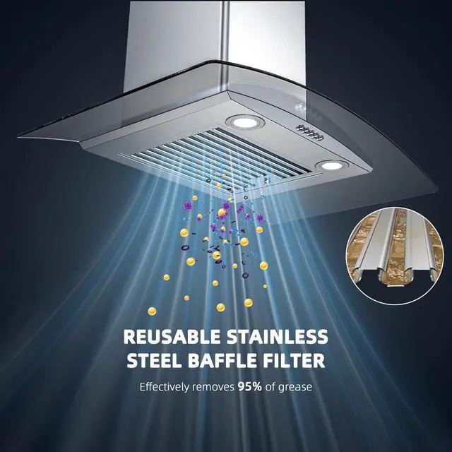 Alt view image 4 of 7 - Range Hood 30 Inch, Ducted/Ductless Convertible Wall Mount Range Hood with Tempered Glass, 3 Speed Fan, 400CFM, Button Control, LED Light, Stainless Steel Filters, include 2 Charcoal Filters