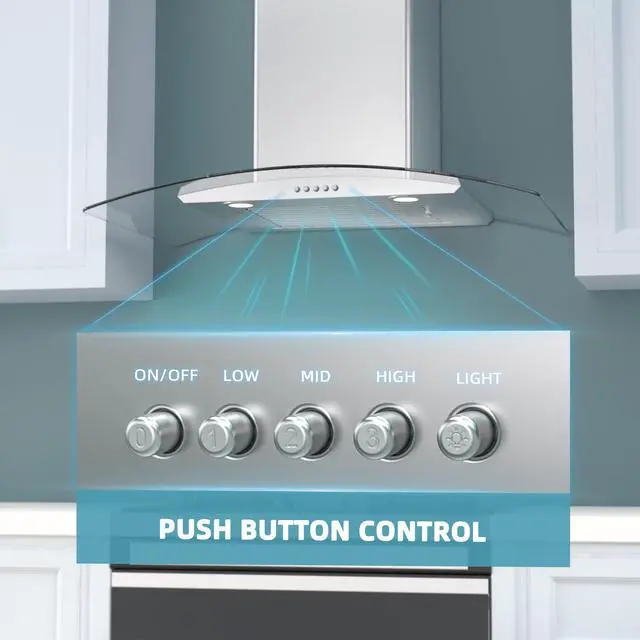 Alt view image 5 of 7 - Range Hood 30 Inch, Ducted/Ductless Convertible Wall Mount Range Hood with Tempered Glass, 3 Speed Fan, 400CFM, Button Control, LED Light, Stainless Steel Filters, include 2 Charcoal Filters
