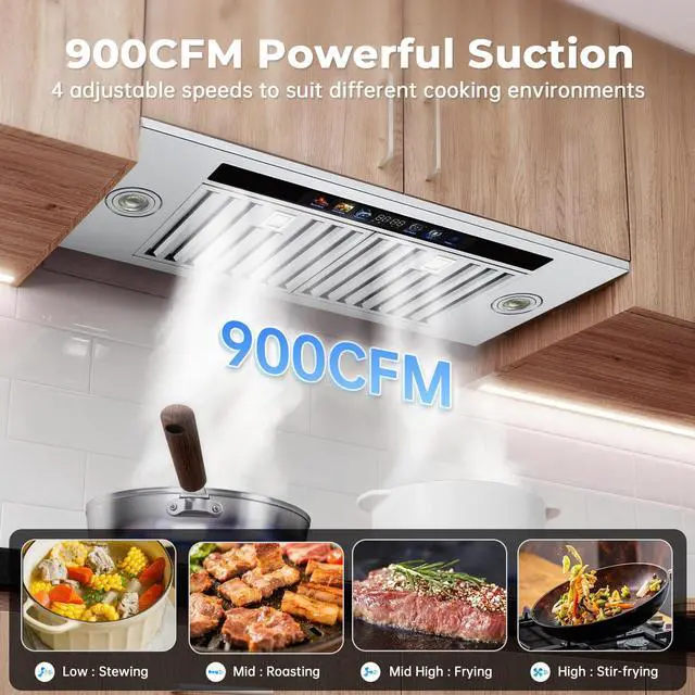 Alt view image 3 of 7 - Range Hood Insert 30 inch, 900 CFM Stainless Steel Kitchen Hood | Smart App/Voice/Gesture/Touch Control, 4 Fan Speed, Ductless Range Hood Convertible, Adjustable LED Lights
