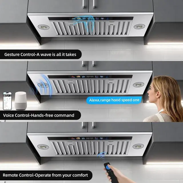 Alt view image 4 of 7 - Range Hood Insert 30 inch, 900 CFM Stainless Steel Kitchen Hood | Smart App/Voice/Gesture/Touch Control, 4 Fan Speed, Ductless Range Hood Convertible, Adjustable LED Lights