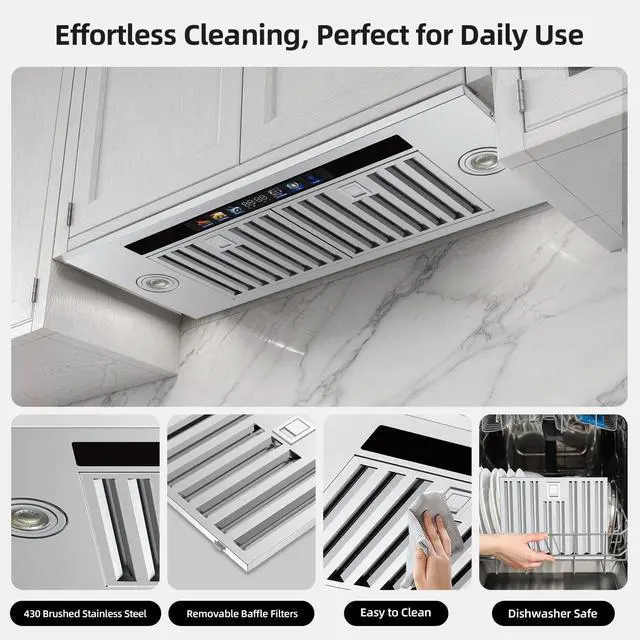 Alt view image 5 of 7 - Range Hood Insert 30 inch, 900 CFM Stainless Steel Kitchen Hood | Smart App/Voice/Gesture/Touch Control, 4 Fan Speed, Ductless Range Hood Convertible, Adjustable LED Lights