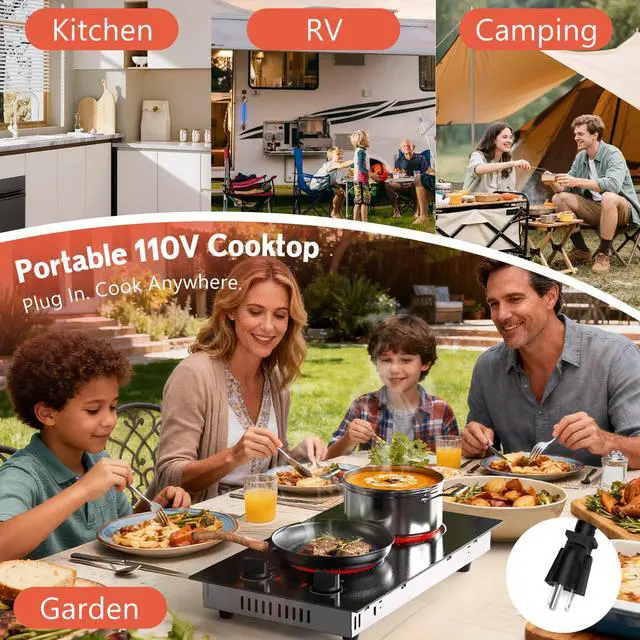 Alt view image 4 of 7 - Hobsir 2 Burner Electric Cooktop 110V Plug In 2000W, Countertop & Built-in | 12 Inch Dual Heating Zones, 9 Level Knob Control, Auto Shut-off Safety, Portable Design & Versatile Cookware Compatibility