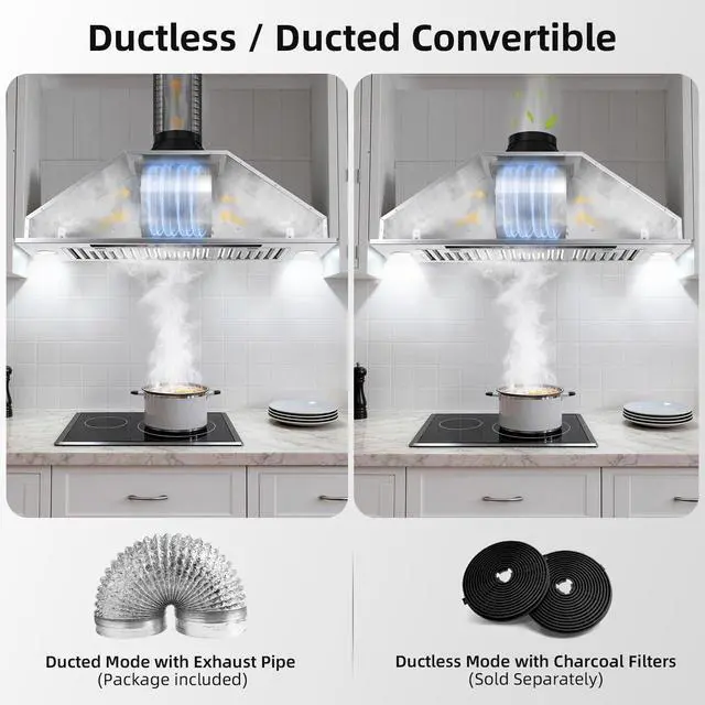 Alt view image 7 of 7 - Range Hood Insert 30 inch, 900 CFM Stainless Steel Kitchen Hood | Smart App/Voice/Gesture/Touch Control, 4 Fan Speed, Ductless Range Hood Convertible, Adjustable LED Lights