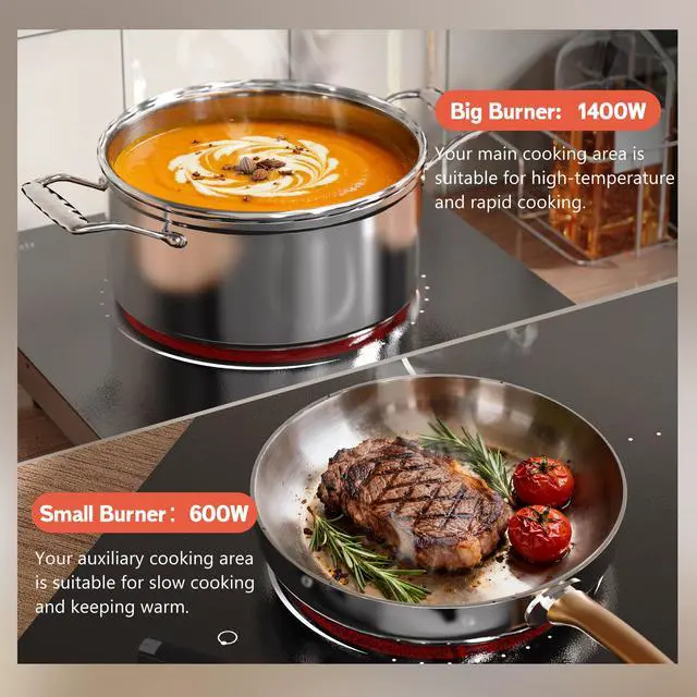 Alt view image 3 of 7 - Hobsir 2 Burner Electric Cooktop 110V Plug In 2000W, Countertop & Built-in | 12 Inch Dual Heating Zones, 9 Level Knob Control, Auto Shut-off Safety, Portable Design & Versatile Cookware Compatibility