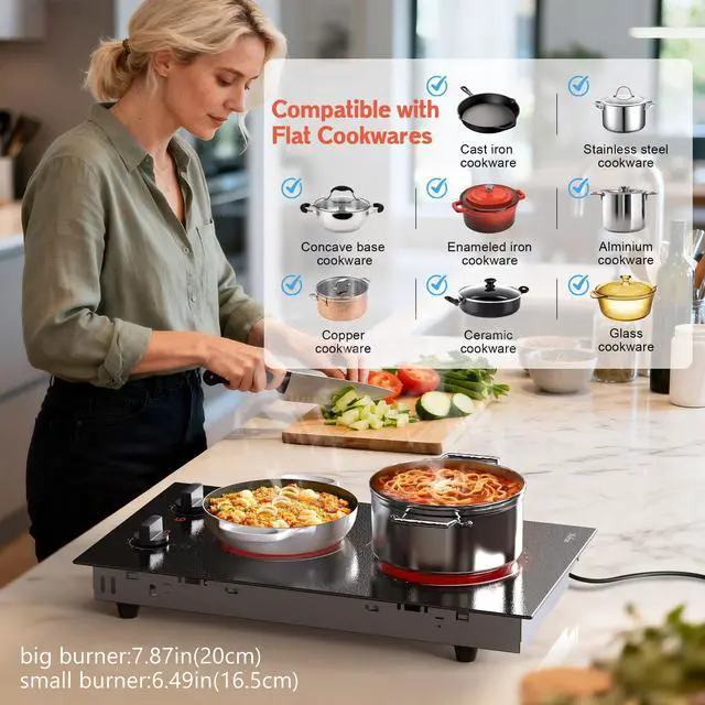 Alt view image 5 of 7 - Hobsir 2 Burner Electric Cooktop 110V Plug In 2000W, Countertop & Built-in | 12 Inch Dual Heating Zones, 9 Level Knob Control, Auto Shut-off Safety, Portable Design & Versatile Cookware Compatibility