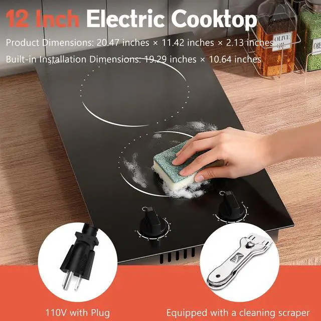 Alt view image 7 of 7 - Hobsir 2 Burner Electric Cooktop 110V Plug In 2000W, Countertop & Built-in | 12 Inch Dual Heating Zones, 9 Level Knob Control, Auto Shut-off Safety, Portable Design & Versatile Cookware Compatibility