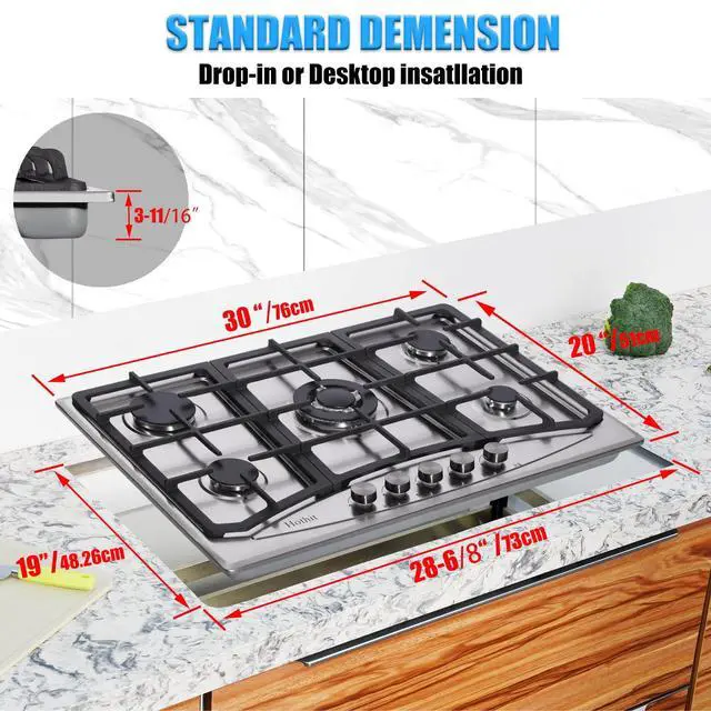 Alt view image 2 of 7 - 5 Burner 30 inch Gas Cooktop, LPG/NG Dual Fuel Built-in Electronic Ignition Propane Stove Top with Pressure Regulator, Stainless Steel Gas Hob for Kitchen, Apartment, Outdoor(AHT30IN30S)