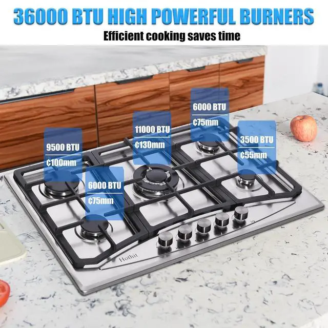 Alt view image 3 of 7 - 5 Burner 30 inch Gas Cooktop, LPG/NG Dual Fuel Built-in Electronic Ignition Propane Stove Top with Pressure Regulator, Stainless Steel Gas Hob for Kitchen, Apartment, Outdoor(AHT30IN30S)