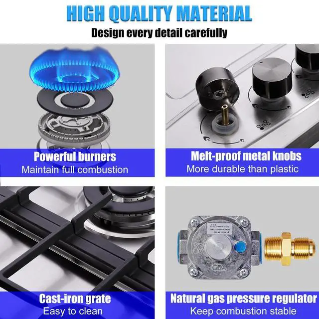 Alt view image 4 of 7 - 5 Burner 30 inch Gas Cooktop, LPG/NG Dual Fuel Built-in Electronic Ignition Propane Stove Top with Pressure Regulator, Stainless Steel Gas Hob for Kitchen, Apartment, Outdoor(AHT30IN30S)