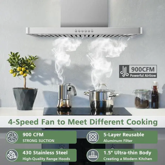 Alt view image 2 of 7 - 30" Range Hood - 900 CFM Stainless Steel Wall Mount Kitchen Exhaust with 4 Speed Fan, LED Lights, Push Button, Ultra-thin Body, Chimney Style Stove Vent Hood & Ducted Exhaust Vent