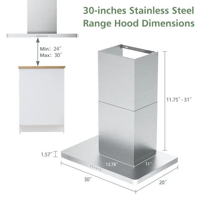 Alt view image 4 of 7 - 30" Range Hood - 900 CFM Stainless Steel Wall Mount Kitchen Exhaust with 4 Speed Fan, LED Lights, Push Button, Ultra-thin Body, Chimney Style Stove Vent Hood & Ducted Exhaust Vent