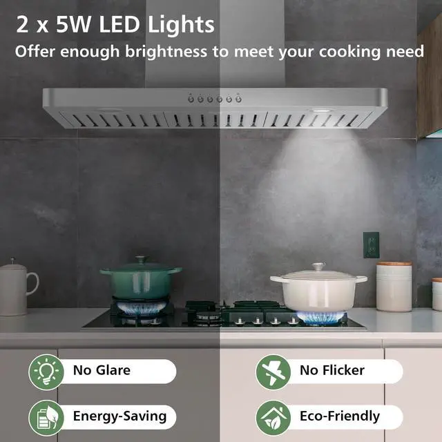 Alt view image 5 of 7 - 30" Range Hood - 900 CFM Stainless Steel Wall Mount Kitchen Exhaust with 4 Speed Fan, LED Lights, Push Button, Ultra-thin Body, Chimney Style Stove Vent Hood & Ducted Exhaust Vent