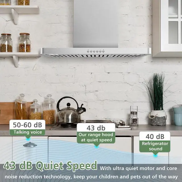 Alt view image 6 of 7 - 30" Range Hood - 900 CFM Stainless Steel Wall Mount Kitchen Exhaust with 4 Speed Fan, LED Lights, Push Button, Ultra-thin Body, Chimney Style Stove Vent Hood & Ducted Exhaust Vent