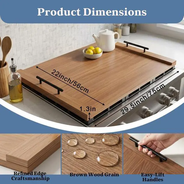 Alt view image 2 of 6 - Walnut Finish Stove Top Cover for Gas & Electric Range | 30"x22" Rustic Noodle Board with Handles | RV Kitchen Workspace Saver