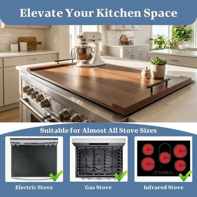 Alt view image 3 of 6 - Walnut Finish Stove Top Cover for Gas & Electric Range | 30"x22" Rustic Noodle Board with Handles | RV Kitchen Workspace Saver