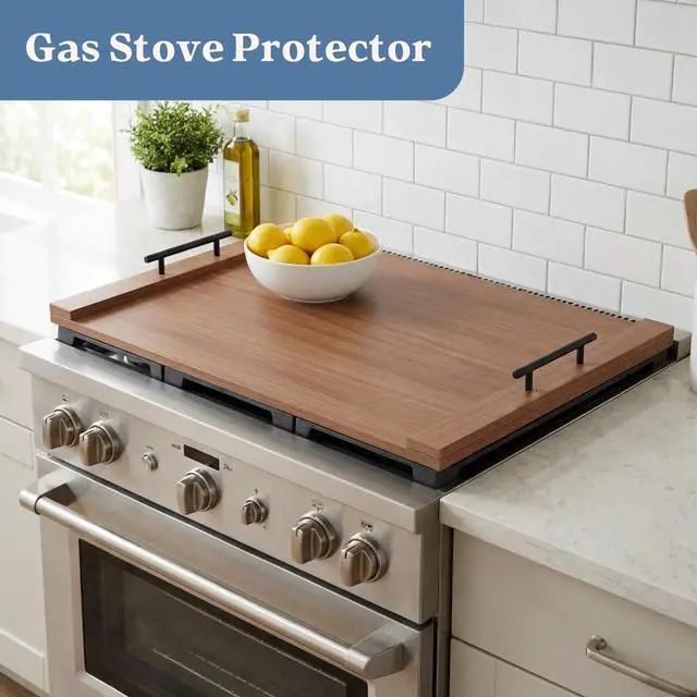 Alt view image 4 of 6 - Walnut Finish Stove Top Cover for Gas & Electric Range | 30"x22" Rustic Noodle Board with Handles | RV Kitchen Workspace Saver