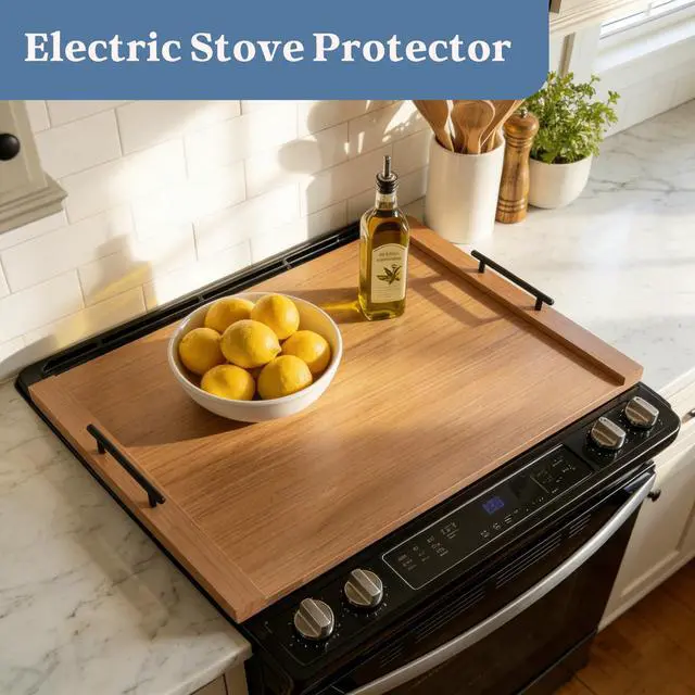 Alt view image 5 of 6 - Walnut Finish Stove Top Cover for Gas & Electric Range | 30"x22" Rustic Noodle Board with Handles | RV Kitchen Workspace Saver