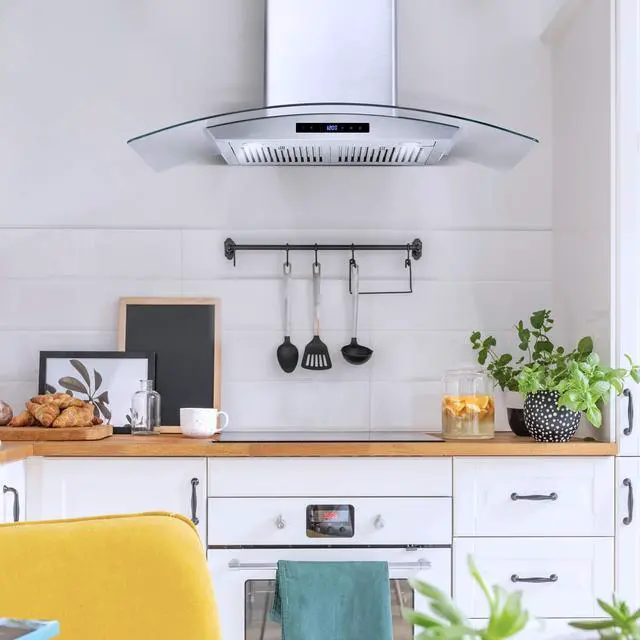 Alt view image 5 of 7 - 36 in. Vista Coll 380 CFM Ducted Wall Mount Range Hood LED, Stainless Steel | COS-668AS900 Soft Touch Controls, 3 Fan Speeds, Glass Visor, Permanent Dishwasher-Safe Baffle Filters