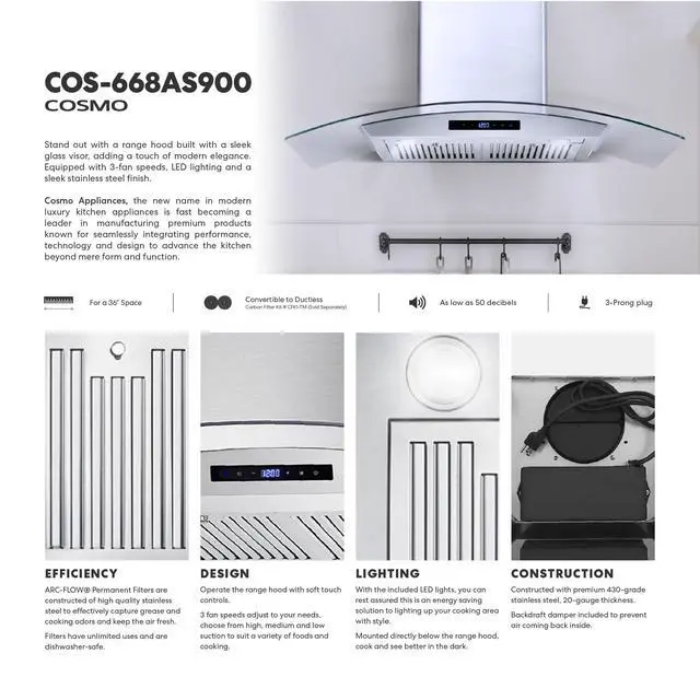 Alt view image 6 of 7 - 36 in. Vista Coll 380 CFM Ducted Wall Mount Range Hood LED, Stainless Steel | COS-668AS900 Soft Touch Controls, 3 Fan Speeds, Glass Visor, Permanent Dishwasher-Safe Baffle Filters