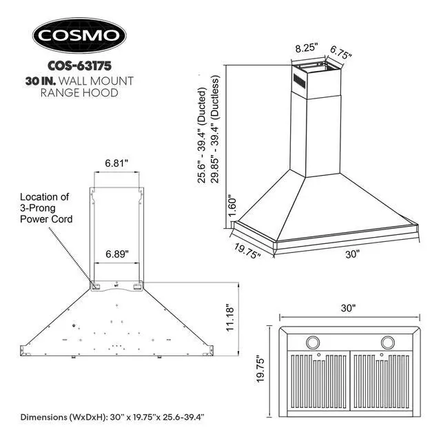 Alt view image 4 of 7 - 30 in. Vista Coll 380 CFM Ducted Wall Mount Range Hood LED, Stainless Steel | COS-63175 Push Button Controls, 3 Fan Speeds, Permanent Dishwasher-Safe Baffle Filters, Backdraft Damper