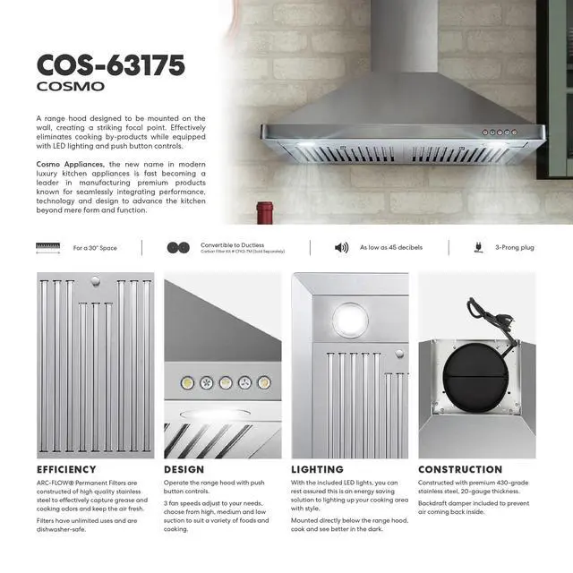 Alt view image 5 of 7 - 30 in. Vista Coll 380 CFM Ducted Wall Mount Range Hood LED, Stainless Steel | COS-63175 Push Button Controls, 3 Fan Speeds, Permanent Dishwasher-Safe Baffle Filters, Backdraft Damper