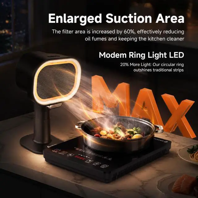 Alt view image 5 of 7 - Portable Range Hood, 4-Speed Desktop Exhaust Fan with adjustable Height | 4-speed desktop exhaust fan with 40° tilt & adjustable height. Quiet 52dB, with 10 carbon filters. Great for indoor BBQ, RV