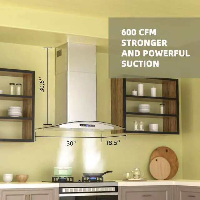 Alt view image 2 of 7 - Wall Mount Range Hood 30 inch, 600 CFM, Ducted/Ductless Convertible, Stainless Steel Kitchen Vent Hood with 3-Speed Fan and LED Lights, Soft Touch Controls