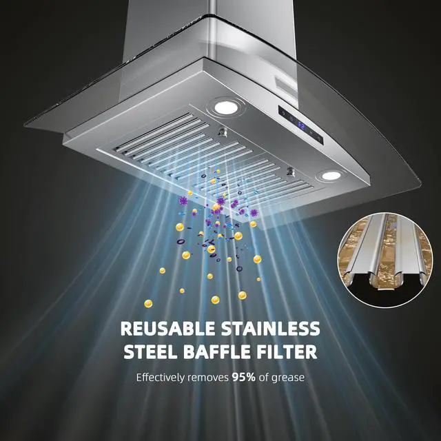 Alt view image 4 of 7 - Wall Mount Range Hood 30 inch, 600 CFM, Ducted/Ductless Convertible, Stainless Steel Kitchen Vent Hood with 3-Speed Fan and LED Lights, Soft Touch Controls
