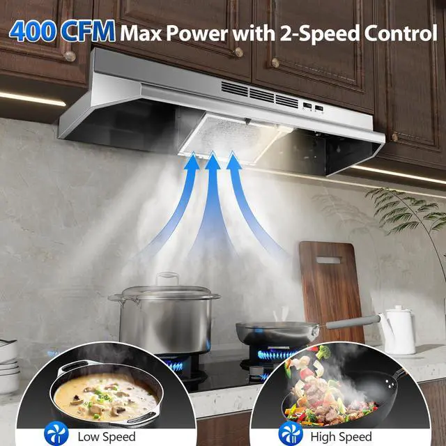 Alt view image 2 of 7 - 36 inch Under Cabinet Range Hood, 400 CFM Convertible Vent Hood (Ducted/Ductless), 2-Speed Exhaust Fan with Rocker Switch Control, Stainless Steel, Multiple Venting Options for Kitchen Stove