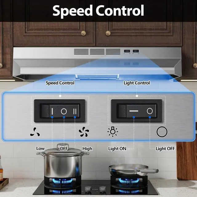 Alt view image 3 of 7 - 36 inch Under Cabinet Range Hood, 400 CFM Convertible Vent Hood (Ducted/Ductless), 2-Speed Exhaust Fan with Rocker Switch Control, Stainless Steel, Multiple Venting Options for Kitchen Stove