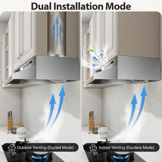 Alt view image 4 of 7 - Under Cabinet Range Hood 24 Inch, 400 CFM Stainless Steel Convertible Vent Hood with 2 Speed Exhaust Fan and Rocker Switch Control, Ducted/Ductless Kitchen Hood with Multiple Venting Options