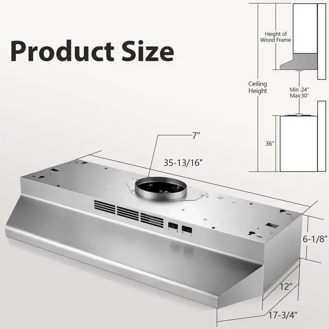 Alt view image 5 of 7 - 36 inch Under Cabinet Range Hood, 400 CFM Convertible Vent Hood (Ducted/Ductless), 2-Speed Exhaust Fan with Rocker Switch Control, Stainless Steel, Multiple Venting Options for Kitchen Stove