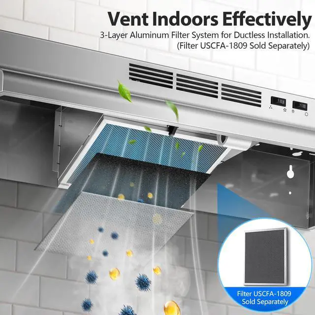 Alt view image 7 of 7 - 36 inch Under Cabinet Range Hood, 400 CFM Convertible Vent Hood (Ducted/Ductless), 2-Speed Exhaust Fan with Rocker Switch Control, Stainless Steel, Multiple Venting Options for Kitchen Stove