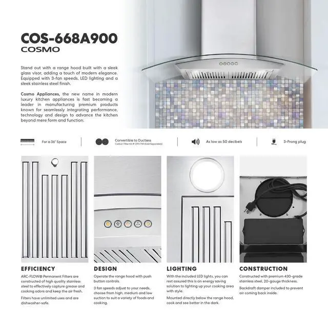 Alt view image 6 of 7 - 36 in. Vista Coll 380 CFM Ducted Wall Mount Range Hood LED, Stainless Steel | COS-668A900 Push Button Controls, 3 Fan Speeds, Glass Visor, Permanent Dishwasher-Safe Baffle Filters