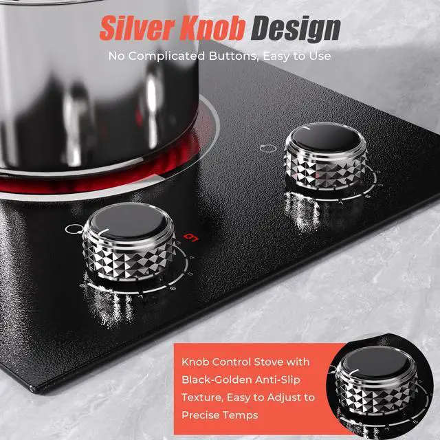 Alt view image 2 of 7 - 2 Burner Electric Cooktop 110V 2000W Countertop or Built-in | 12 Inch Plug in Two Burner Electric Stove 120V Portable, Knob Control, 9 Power Levels and Overheat Protection, Silver Knob