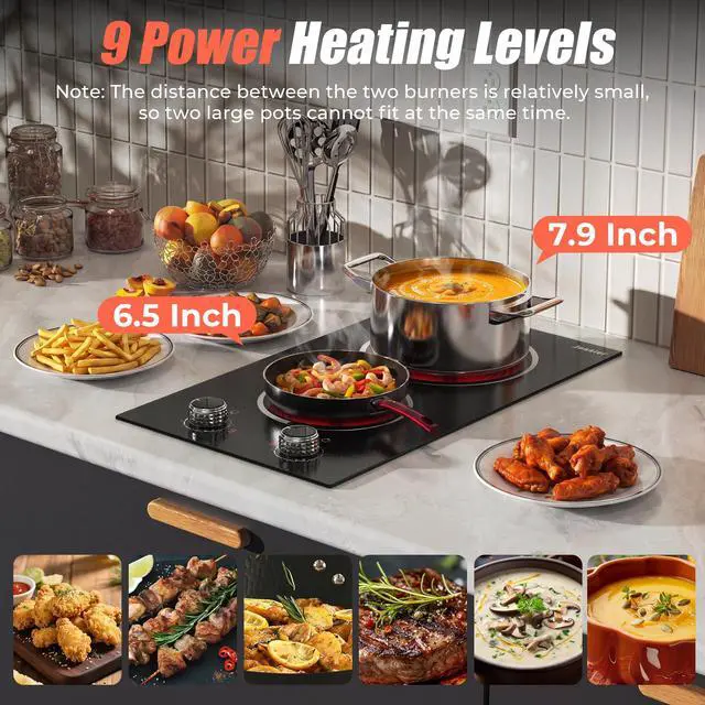 Alt view image 5 of 7 - 2 Burner Electric Cooktop 110V 2000W Countertop or Built-in | 12 Inch Plug in Two Burner Electric Stove 120V Portable, Knob Control, 9 Power Levels and Overheat Protection, Silver Knob