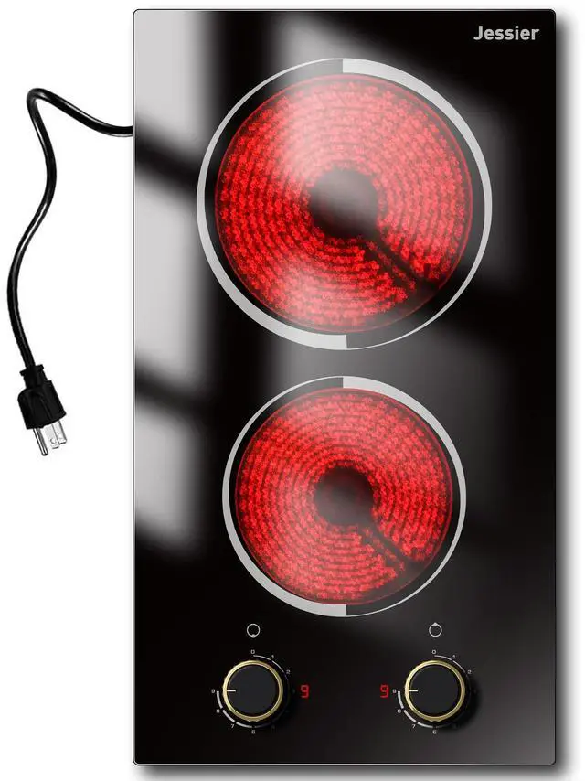 Main image of 2 Burner Electric Cooktop 110V 2000W Countertop or Built-in | 12 Inch Plug in Two Burner Electric Stove 120V Portable, Knob Control, 9 Power Levels and Overheat Protection, Golden Knob