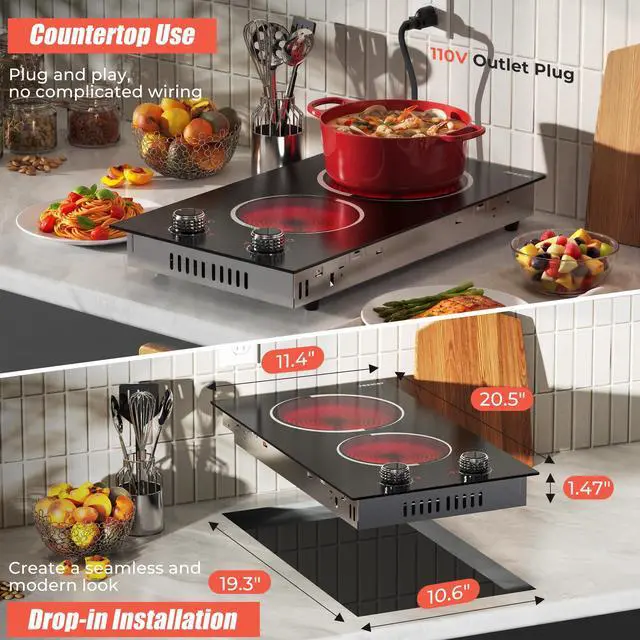 Alt view image 4 of 7 - 2 Burner Electric Cooktop 110V 2000W Countertop or Built-in | 12 Inch Plug in Two Burner Electric Stove 120V Portable, Knob Control, 9 Power Levels and Overheat Protection, Silver Knob