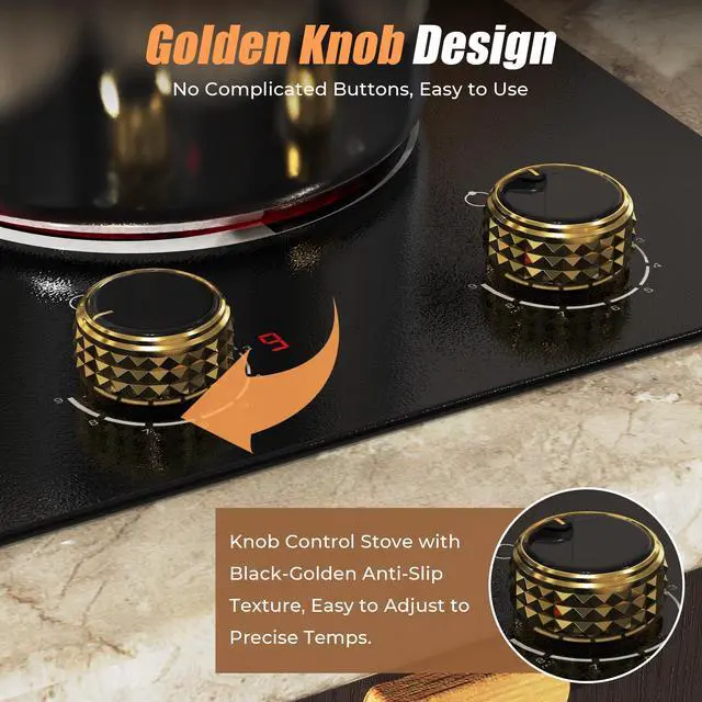 Alt view image 2 of 7 - 2 Burner Electric Cooktop 110V 2000W Countertop or Built-in | 12 Inch Plug in Two Burner Electric Stove 120V Portable, Knob Control, 9 Power Levels and Overheat Protection, Golden Knob