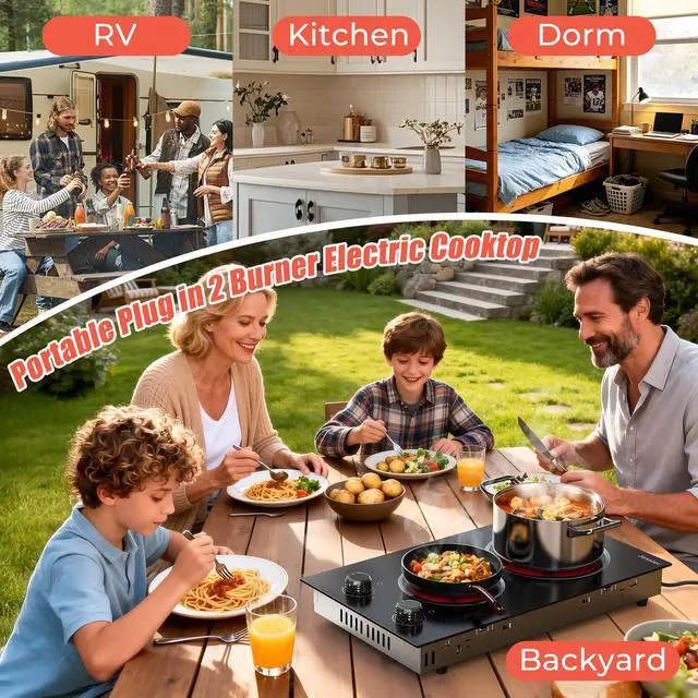 Alt view image 7 of 7 - 2 Burner Electric Cooktop 110V 2000W Countertop or Built-in | 12 Inch Plug in Two Burner Electric Stove 120V Portable, Knob Control, 9 Power Levels and Overheat Protection, Silver Knob