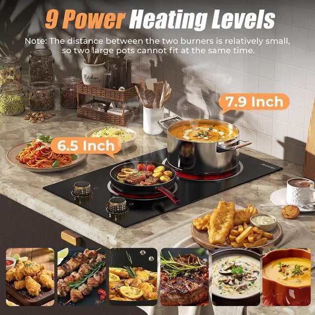 Alt view image 3 of 7 - 2 Burner Electric Cooktop 110V 2000W Countertop or Built-in | 12 Inch Plug in Two Burner Electric Stove 120V Portable, Knob Control, 9 Power Levels and Overheat Protection, Golden Knob