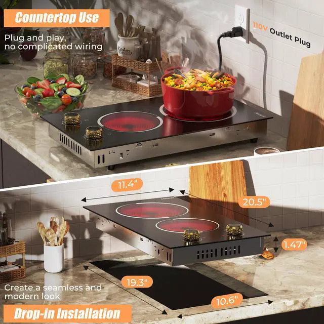 Alt view image 4 of 7 - 2 Burner Electric Cooktop 110V 2000W Countertop or Built-in | 12 Inch Plug in Two Burner Electric Stove 120V Portable, Knob Control, 9 Power Levels and Overheat Protection, Golden Knob