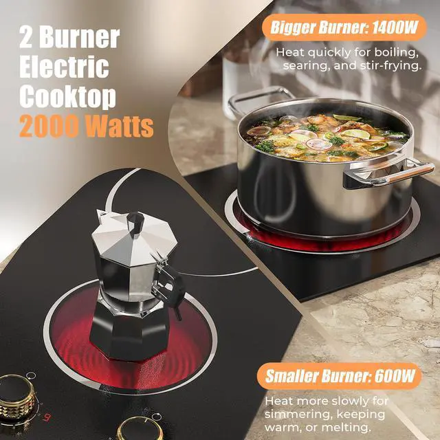 Alt view image 5 of 7 - 2 Burner Electric Cooktop 110V 2000W Countertop or Built-in | 12 Inch Plug in Two Burner Electric Stove 120V Portable, Knob Control, 9 Power Levels and Overheat Protection, Golden Knob