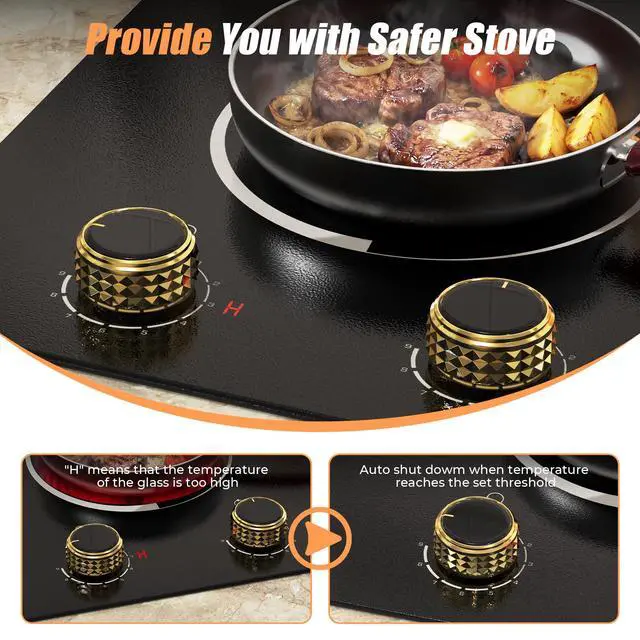 Alt view image 6 of 7 - 2 Burner Electric Cooktop 110V 2000W Countertop or Built-in | 12 Inch Plug in Two Burner Electric Stove 120V Portable, Knob Control, 9 Power Levels and Overheat Protection, Golden Knob
