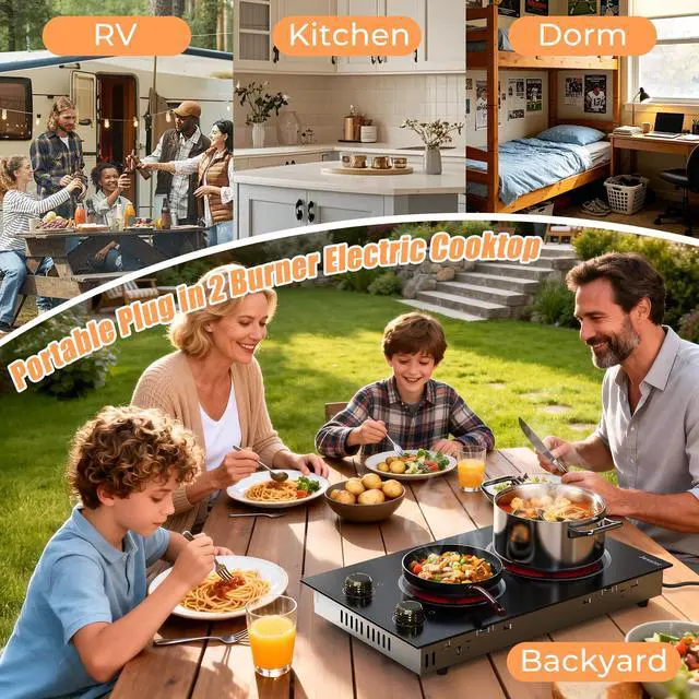 Alt view image 7 of 7 - 2 Burner Electric Cooktop 110V 2000W Countertop or Built-in | 12 Inch Plug in Two Burner Electric Stove 120V Portable, Knob Control, 9 Power Levels and Overheat Protection, Golden Knob