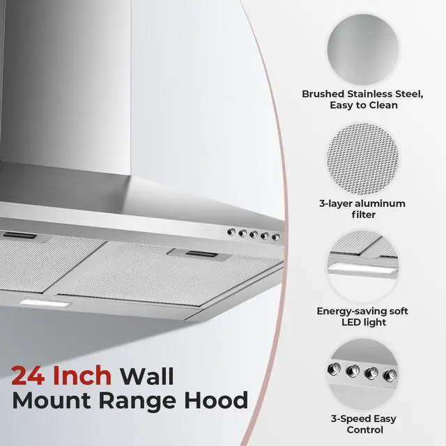 Alt view image 2 of 7 - 24 inch Wall Mount Range Hood, Stainless Steel Range Hood 450 CFM | Ducted/Ductless Convertible Kitchen Hood with Push Button Control, 3 Fan Speed, 2 Pcs Mesh Filters